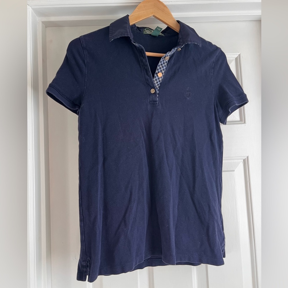 Lauren Ralph Lauren Active Short Sleeve Navy Polo Shirt Plaid Collar
